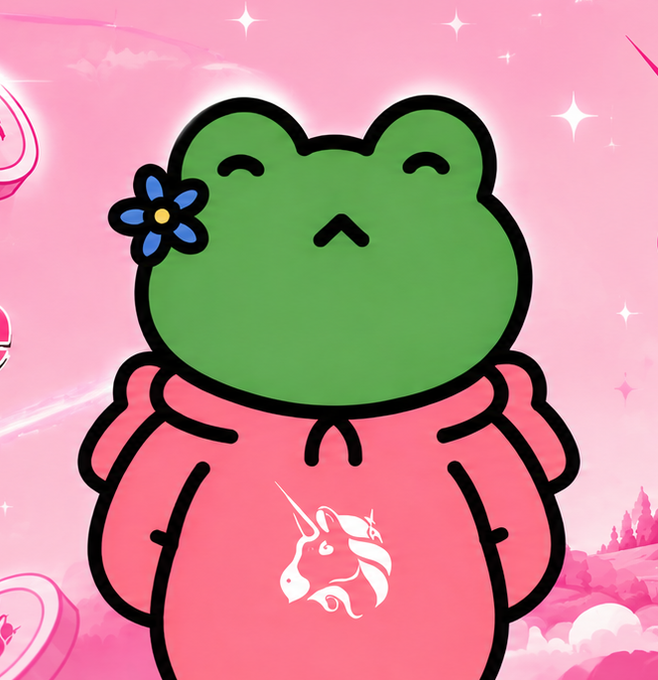 A cartoon illustration of a green frog character wearing a pink hoodie with a unicorn design and a small blue flower on its head, set against a sparkly pink background.