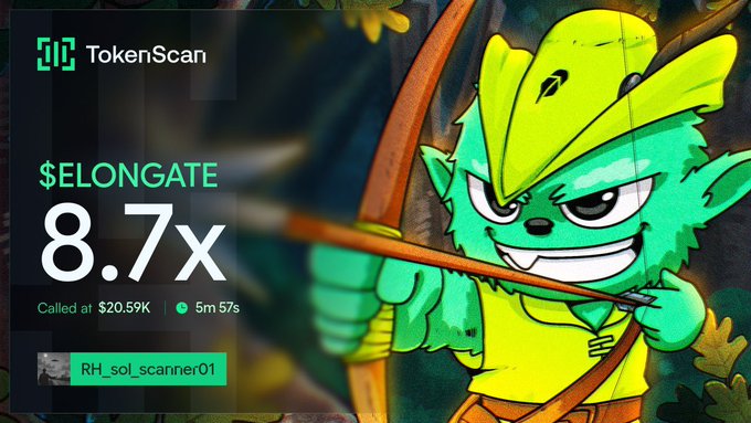 A TokenScan promotional image featuring a green cartoon character with a bow and arrow, displaying '$ELONGATE' with a '8.7x' multiplier.