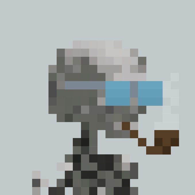 A pixel art representation of a skull wearing blue sunglasses, rendered in a Minecraft-style block aesthetic against a light gray background.