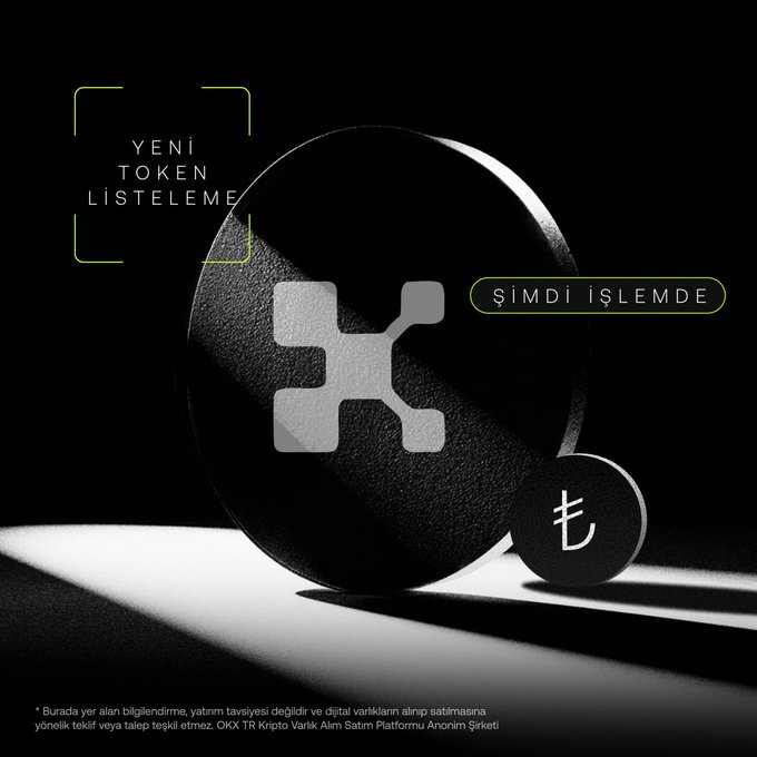 A sleek black promotional image announcing the new listing of KAITO/TRY trading pair on OKX TR, featuring a large circular coin emblem with the KAITO logo alongside Turkish Lira (₺) symbol. The text reads "YENİ TOKEN LİSTELEME" (New Token Listing) and "ŞİMDİ İŞLEMDE" (Now Trading), matching the post's announcement about KAITO being available to trade against Turkish Lira.