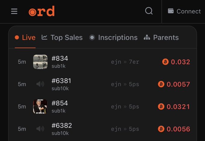 A dark-themed cryptocurrency dashboard from 'ord' showing Live sales with entries like '#834 sub1k' priced at 0.032 Bitcoin.