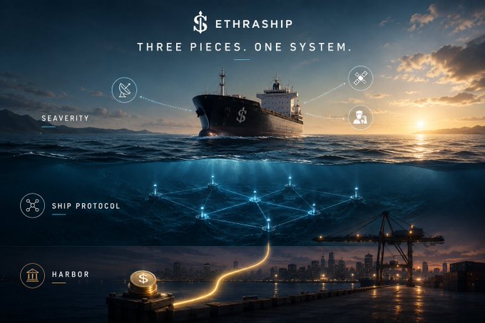 A promotional graphic titled 'ETHRASHIP - THREE PIECES. ONE SYSTEM' showing a ship above and underwater network nodes, with labels 'SEAVERITY,' 'SHIP PROTOCOL,' and 'HARBOR' featuring a coin icon.