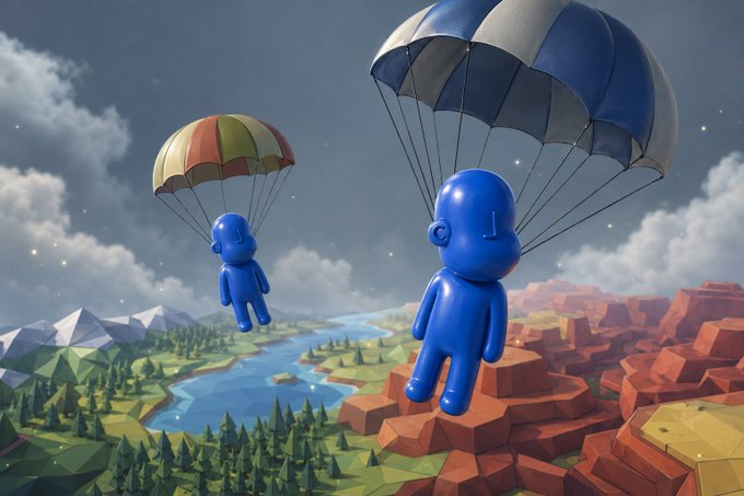 A 3D rendered scene shows two small, blue, smooth humanoid figures parachuting down. They descend with a blue and white striped parachute and a smaller yellow and red parachute over a low-poly landscape of a river, forest, and red mountains.