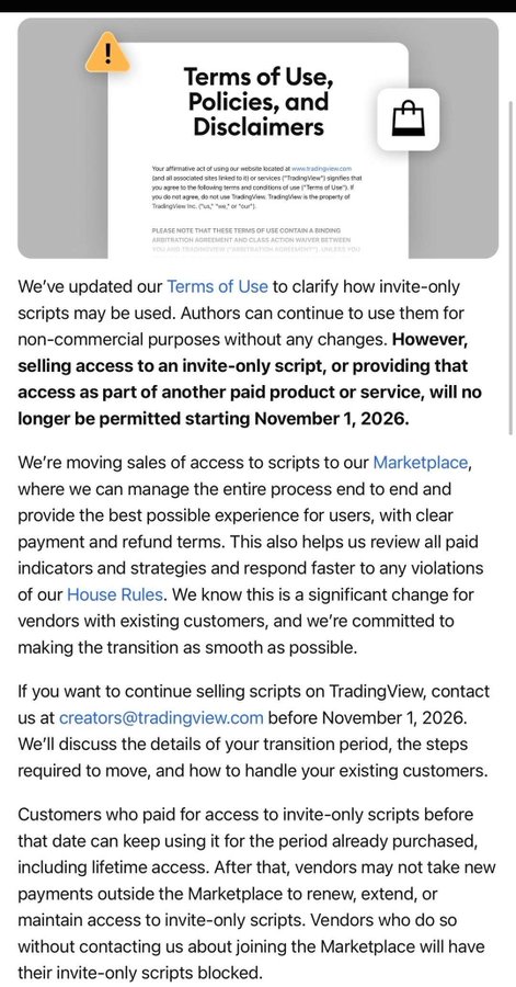 A TradingView Terms of Use update notice stating that selling access to invite-only scripts will no longer be permitted starting November 1, 2026, directing vendors to creators@tradingview.com before that date.