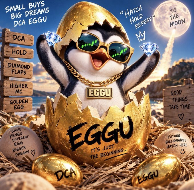 A promotional image for EGGU cryptocurrency featuring a cartoon penguin wearing sunglasses and a gold chain, emerging from a golden egg with text like "SMALL BUYS BIG DREAMS DCA EGGU," "HATCH HOLD REPEAT," and "TO THE MOON."