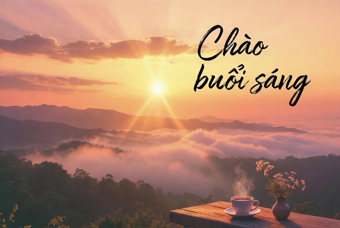 A scenic sunrise over misty mountains with a cup of coffee on a wooden table, accompanied by the Vietnamese text 'Chào buổi sáng' (Good morning).