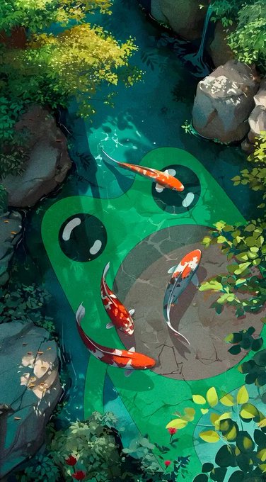 A vibrant illustration of a green frog-shaped pond with koi fish swimming in its water, surrounded by rocks and foliage.