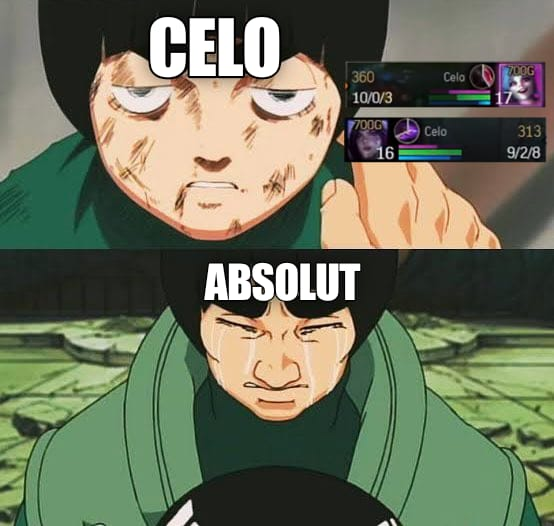 A two-panel meme using the "You tried" Star vs. Forces of Evil template shows a character labeled "CELO" looking beaten with a 360 score and 10/0/3 KDA above, followed by a calmer character labeled "ABSOLUT" looking defeated, humorously framing CELO as the underdog who "tried" against the more composed ABSOLUT.