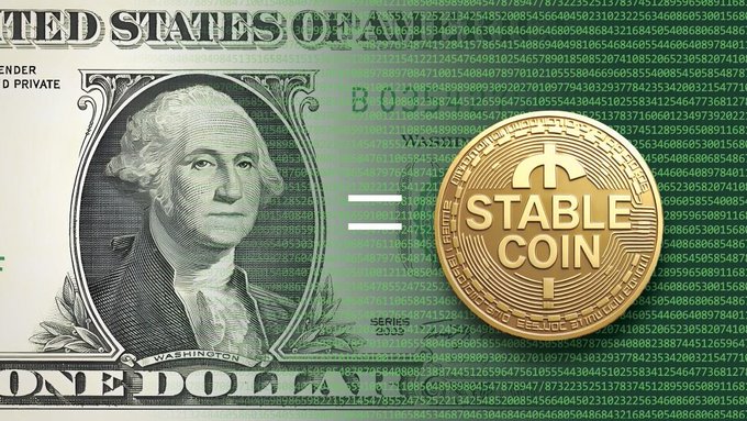 A gold "STABLE COIN" coin is shown equal to a U.S. one-dollar bill featuring George Washington, with a background of green binary code. The image illustrates the concept of stablecoins being pegged 1:1 to the U.S. dollar, which is referenced in the post discussing short squeezes driving price surges in Bitcoin (7.5%) and Ethereum (18%) rather than genuine demand.