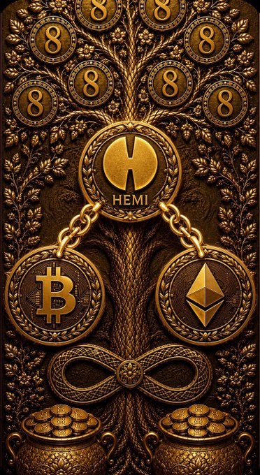An ornate gold-toned illustration featuring a central 'HEMI' emblem, flanked by Bitcoin and Ethereum symbols, surrounded by numerous coins marked '8' and pots of gold coins, with serpentine designs.