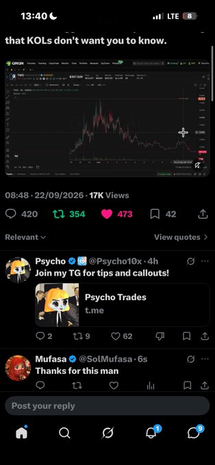 A Twitter/X screenshot showing a crypto trading chart post titled "that KOLs don't want you to know" from 22/09/2026 with 17K views, 420 replies, 354 retweets, and 473 likes, featuring replies from Psycho (@Psycho10x) promoting their Telegram and Mufasa (@SolMufasa).