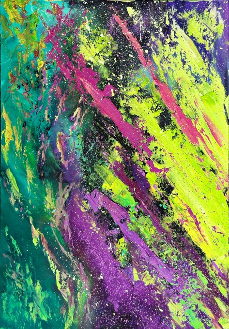 An abstract painting featuring textured, layered brushstrokes in vibrant shades of green, purple, magenta, and black, with an impasto technique creating a dynamic, colorful composition.