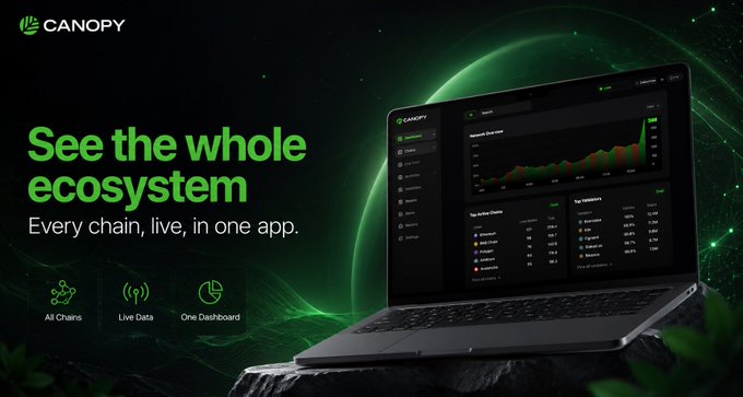 A promotional banner for CANOPY featuring a laptop displaying a dark-themed dashboard with analytics, advertising 'See the whole ecosystem - Every chain, live, in one app' with icons for 'All Chains', 'Live Data', and 'One Dashboard'.