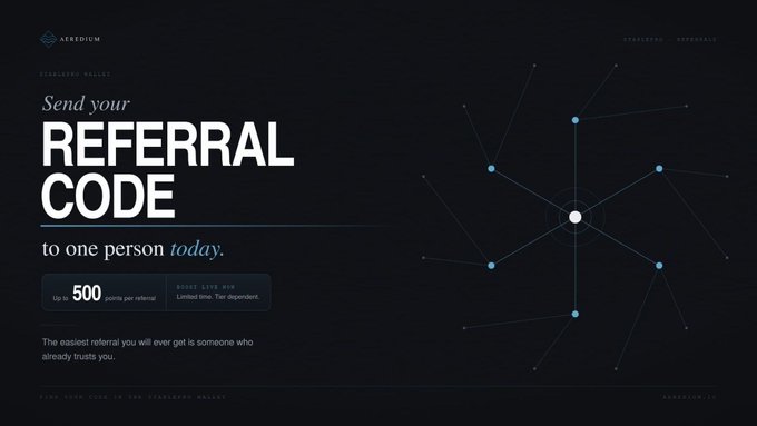 A dark-themed advertisement for 'AERODIUM' reads 'Send your REFERRAL CODE to one person today' and offers up to 500 cents per referral, featuring a network-style diagram on the right.