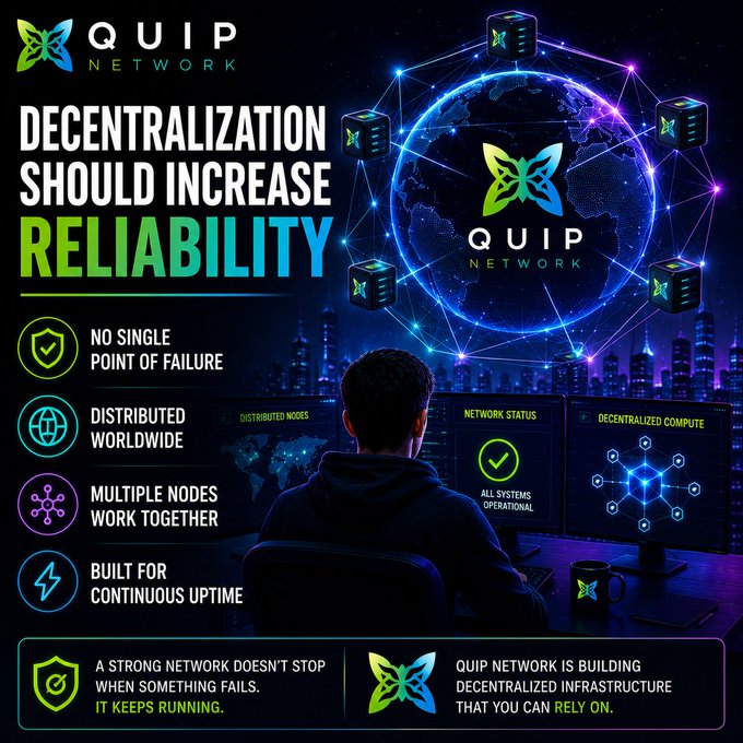 An infographic for 'QUIP NETWORK' with the headline 'DECENTRALIZATION SHOULD INCREASE RELIABILITY', listing benefits like 'NO SINGLE POINT OF FAILURE' and 'DISTRIBUTED WORLDWIDE'.