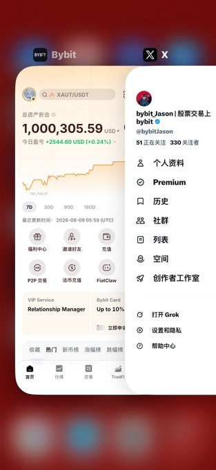 The image shows a Bybit cryptocurrency trading app displaying an XAUt/USDT portfolio worth 1,000,305.59 USD with a daily gain of +2544.60 USD (+0.24%), alongside an X (Twitter) profile for "bybit_Jason" with 51 following and 330 followers.

The image humorously illustrates the post's message by showing a fake million-dollar crypto portfolio screenshot, demonstrating that the impressive $1 million earnings claim is simply a Photoshopped image—matching the author's confession that the wealth was "P'd" (Photoshopped).