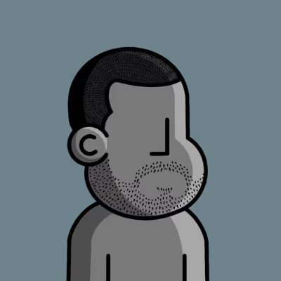 A minimalist cartoon illustration of a bearded man in gray tones against a muted blue background, his stoic profile suggesting a generic "non-player character" vibe. The image pairs with the post's playful "Gm" (good morning) greeting to followers, framing the character as a relatable avatar for the NPC community.