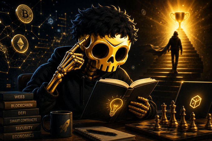A dark digital artwork depicts a golden skeletal figure reading a book at a desk, surrounded by glowing cryptocurrency symbols (Bitcoin, Ethereum), with Web3-themed books and a hooded figure ascending stairs toward a trophy in the background.