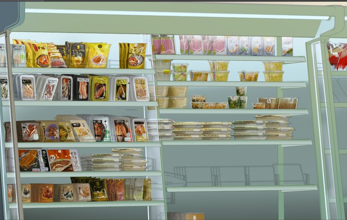 A highly detailed convenience store refrigerator display stocked with various packaged food items including sandwiches, salads, instant noodles (with visible "Best" branding), and refrigerated meals. The image showcases the artist's meticulous attention to detail in rendering realistic convenience store products as part of their most ambitious project to date.
