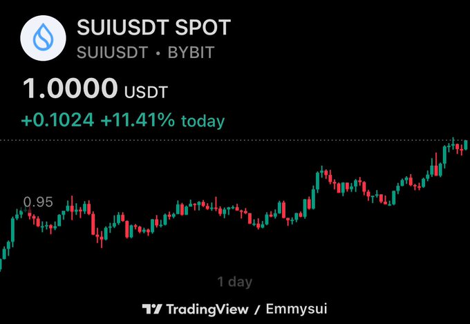 A TradingView chart of SUIUSDT on Bybit shows the token trading at $1.0000 USDT, up +0.1024 (+11.41%) for the day, with price action climbing from around $0.95 toward $1.09—visually supporting the post's claim of a bullish breakout and +16.5% surge over 24 hours.