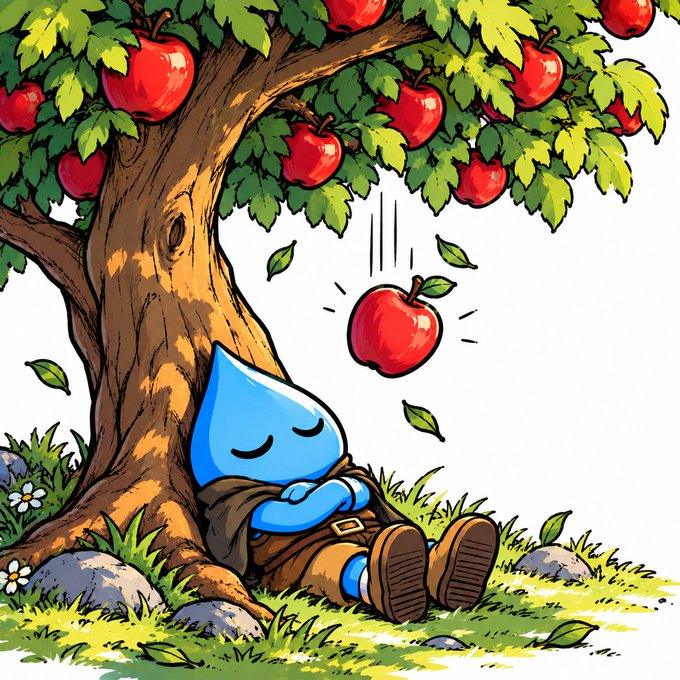 A cartoon illustration of a blue water drop character sleeping peacefully against a tree while a red apple falls toward it, inspired by the story of Isaac Newton.