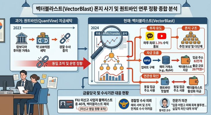 Korean-language flowchart analyzing 'VectorBlast' Ponzi scheme and 'QuantVine' fraud, showing money flow from victims through transit accounts to real estate, stocks, and crypto.