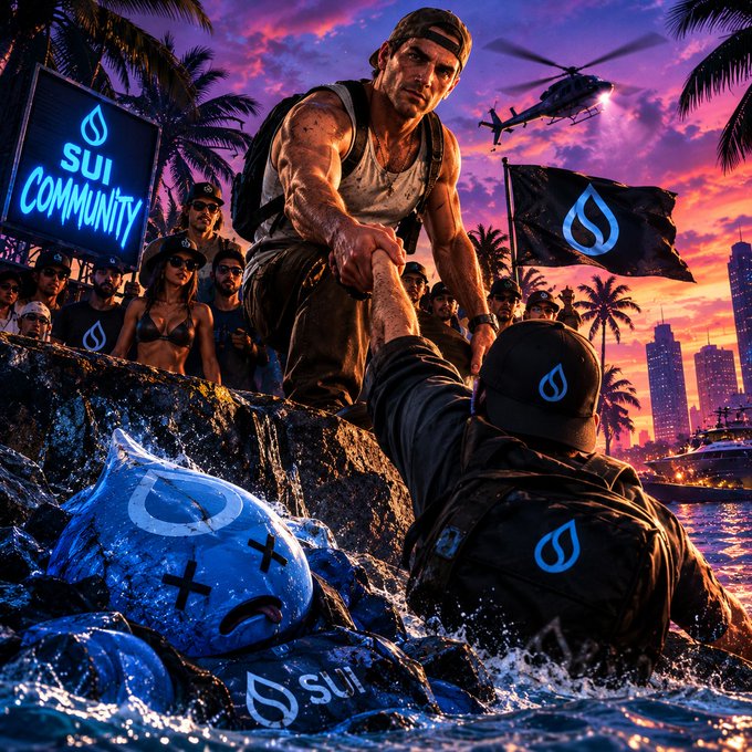 A digital illustration showing a man pulling another person from the water, with a crowd of onlookers wearing Sui logo hats, a 'SUI COMMUNITY' sign, a Sui flag, and a helicopter against a sunset city skyline.