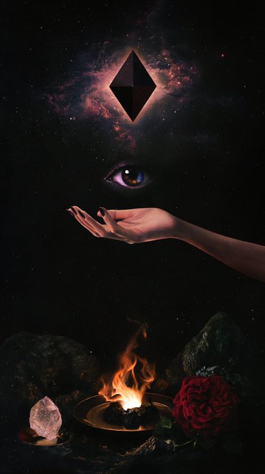 Esoteric collage featuring an Ethereum logo above an eye, a hand reaching out, and a ritual scene below with a fire, crystal, and red rose against a dark background.