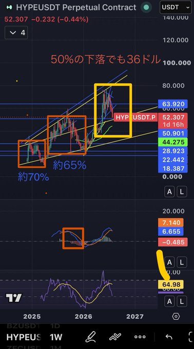 The image shows a HYPEUSDT Perpetual Contract weekly chart with three orange/yellow boxes marking past correction phases of approximately 70% and 65%, alongside Japanese text noting that even a 50% drop from the current price of $52.307 would result in a target around $36. The chart includes technical indicators and support levels like 63.920, 50.901, 44.275, and 28.923 marked on the price scale, visually reinforcing the post's warning about potential downside risk based on historical correction patterns.