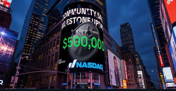 A nighttime view of the NASDAQ billboard in Times Square displaying 'COMMUNITY SALE MILESTONE UPDATE,' 'Total Commitment,' and '$500,000' in green text.
