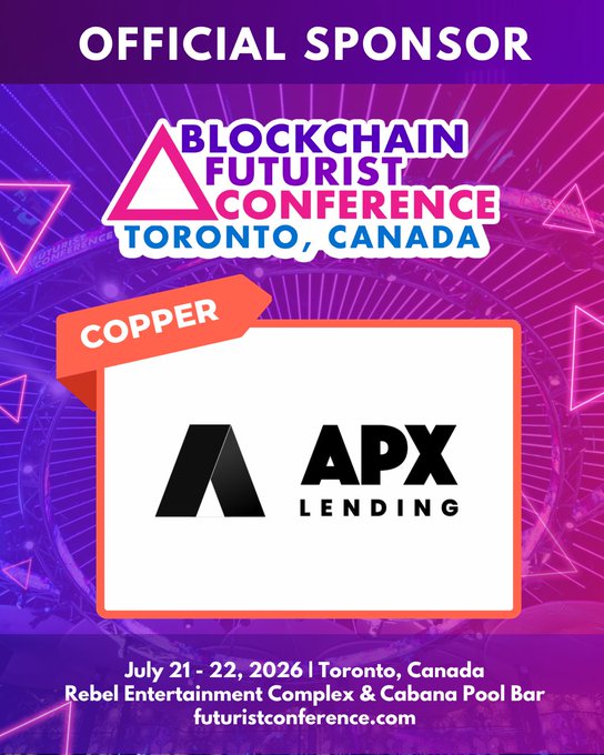 A promotional graphic for the Blockchain Futurist Conference in Toronto, Canada (July 21-22, 2026) announcing APX Lending as a Copper-level official sponsor.