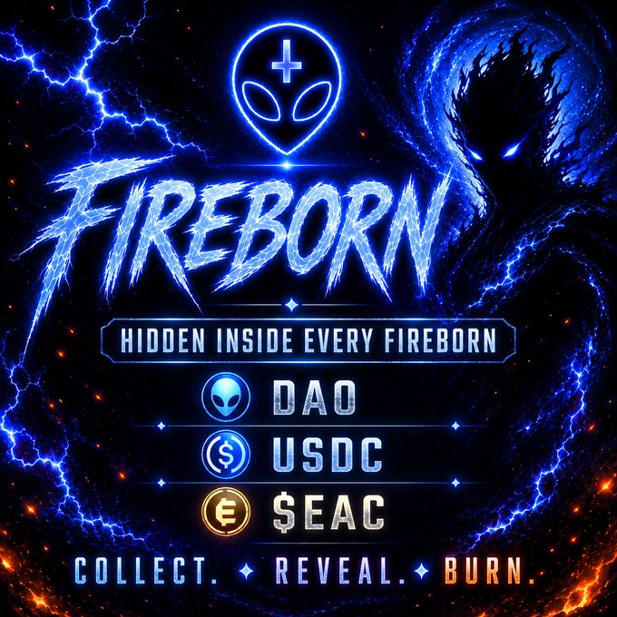 Promotional artwork for 'FIREBORN' featuring a blue alien mask and a shadowy figure, with the tagline 'HIDDEN INSIDE EVERY FIREBORN' and mentions of DAO, USDC, and $EAC.