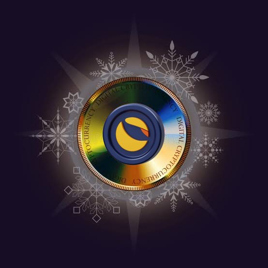 The TerraClassicUSD ($LUNC) coin is displayed prominently in the center of the image, surrounded by winter-themed snowflakes against a dark background. The caption "Digital Cryptocurrency" encircles the coin, symbolizing the anticipation of a price surge ("MOON") highlighted in the accompanying post.
