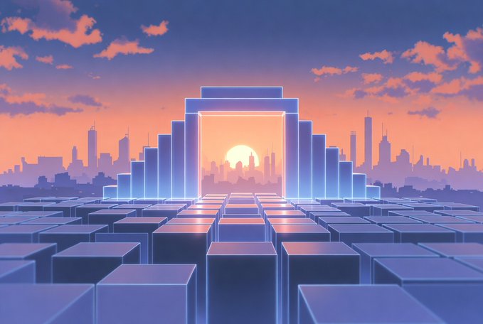A glowing neon gateway rises above a sprawling grid of futuristic blocks against a sunset-lit city skyline, symbolizing the new pathway opened by Base's B20 upgrade. The luminous portal reflects the post's message that token creation is now becoming a native, built-in feature of the chain, replacing the old reliance on external contracts and tools.