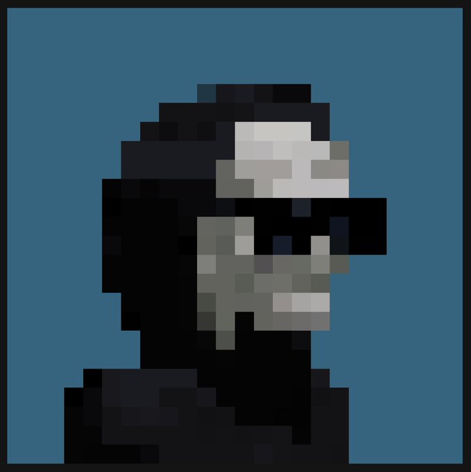 A low-resolution pixel art portrait of a dark figure wearing sunglasses against a teal blue background.