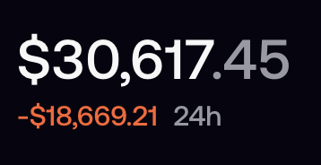 The image shows a trading balance of $30,617.45 with a 24-hour loss of -$18,669.21 displayed in red, visually reinforcing the post's message about the brutal emotional volatility of trading and the importance of staying calm through significant highs and lows.