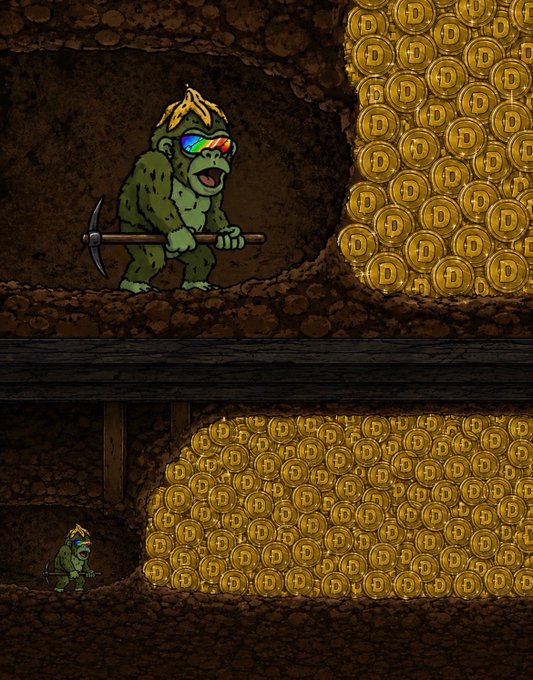 A two-panel pixel art game scene shows a mining gorilla wearing sunglasses and a hard hat in a mine, with massive piles of Dogecoin coins stamped with 'D' on the right side of both panels.