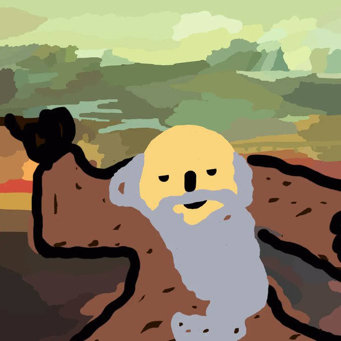 A simple digital drawing of an old man with a long gray beard smiling, set against a painted green and brown landscape background.