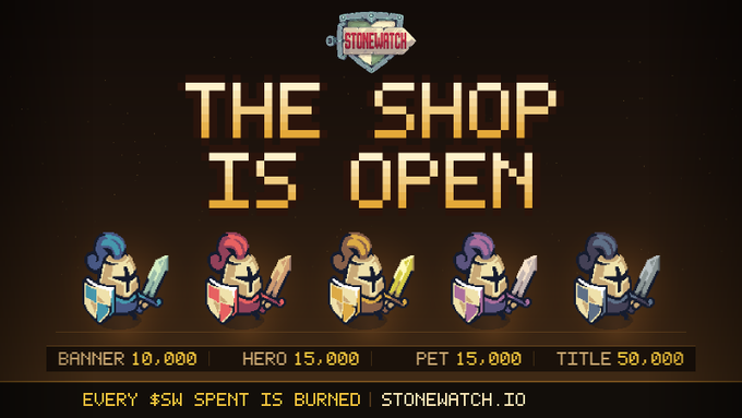 A pixel-art style shop banner for 'STONEWATCH' reading 'THE SHOP IS OPEN', featuring five knight characters and prices for banner, hero, pet, and title items.