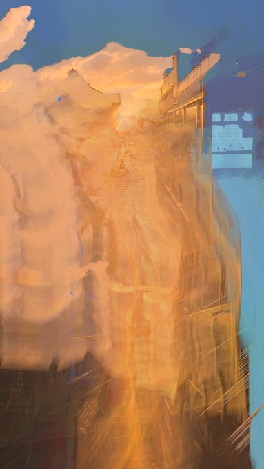 A digital painting of a cityscape at sunset, with warm orange and golden clouds blending into a deep blue sky above softly rendered buildings.