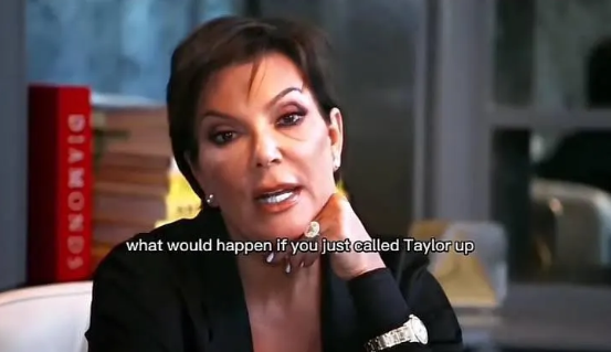 Kris Jenner speaks in an interview with the subtitle 'what would happen if you just called Taylor up' displayed, with a 'DIAMONDS' book visible in the background.