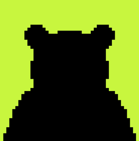 A pixelated black silhouette of a bear or similar animal's head and shoulders against a bright green-yellow background.