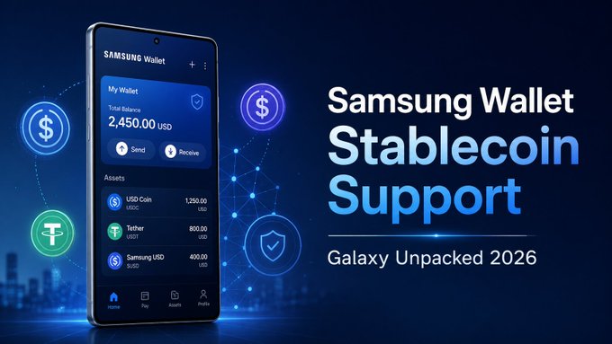 A promotional graphic for 'Samsung Wallet Stablecoin Support' at Galaxy Unpacked 2026, showing a phone displaying balances of USD Coin, Tether, and Samsung USD.
