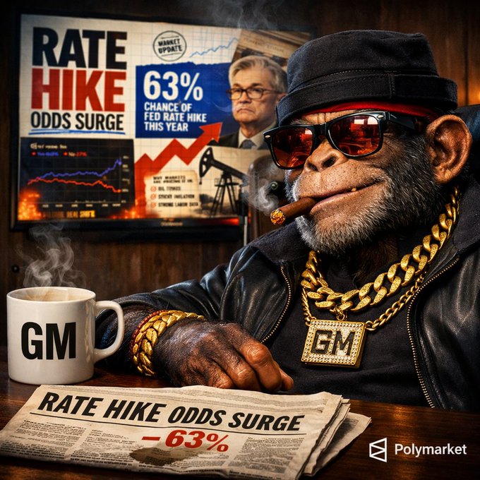 A stylish chimpanzee wearing sunglasses, a gold "GM" chain, and a black cap smokes a cigar at a desk with a coffee mug labeled "GM" and a newspaper headline reading "RATE HIKE ODDS SURGE - 63%," while a screen behind him displays "RATE HIKE ODDS SURGE" and "63% CHANCE OF FED RATE HIKE THIS YEAR" alongside a portrait of Fed Chair Jerome Powell and the Polymarket logo—visually echoing the post's surprise at Polymarket's rapid shift toward a 63% probability of a Fed rate hike.