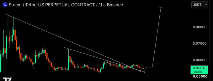 A Steem/TetherUS perpetual contract chart on TradingView showing a descending wedge pattern with a white arrow indicating a potential breakout to the upside from around 0.055.