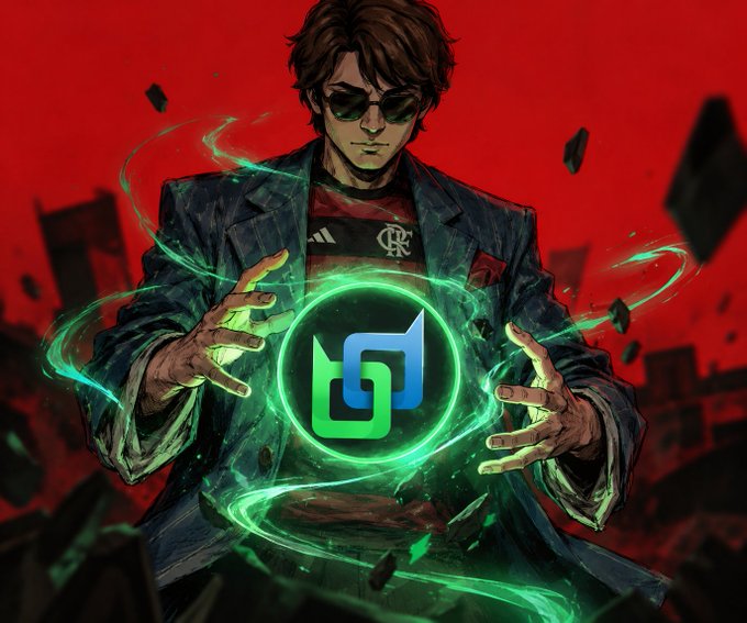 A stylish anime-style figure in a pinstripe suit and sunglasses conjures a glowing green "BDX" emblem amidst swirling energy against a red backdrop, visually embodying the powerful and rising momentum of the Beldex ecosystem highlighted in the post.