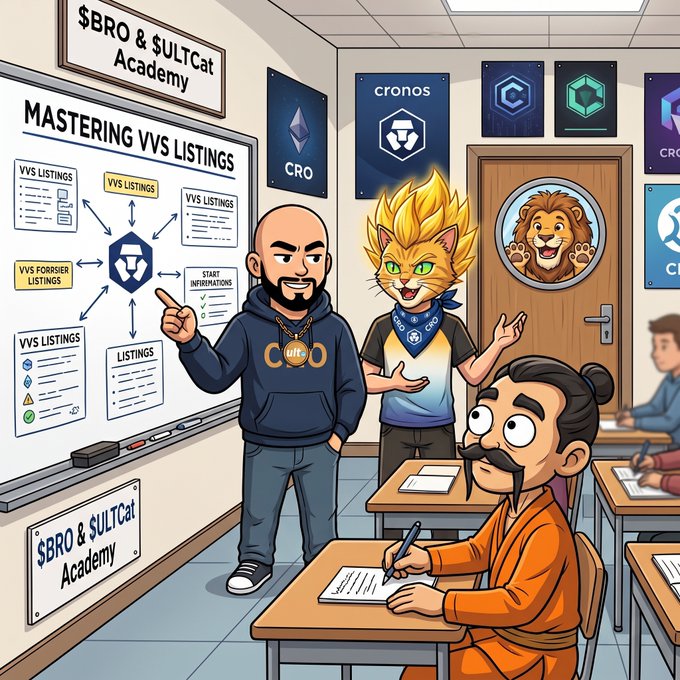 A cartoon illustration of a '$BRO & $ULTCat Academy' classroom scene, showing a man and the flame-haired cat character teaching about 'MASTERING VVS LISTINGS' on a whiteboard to students.
