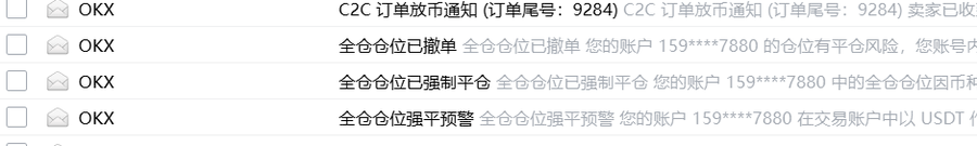 A list of email notifications from OKX exchange in Chinese, showing alerts for full position liquidation (全仓仓位已撤单, 全仓仓位已强制平仓, 全仓仓位强平预警) on account 159****7880 due to platform risk.