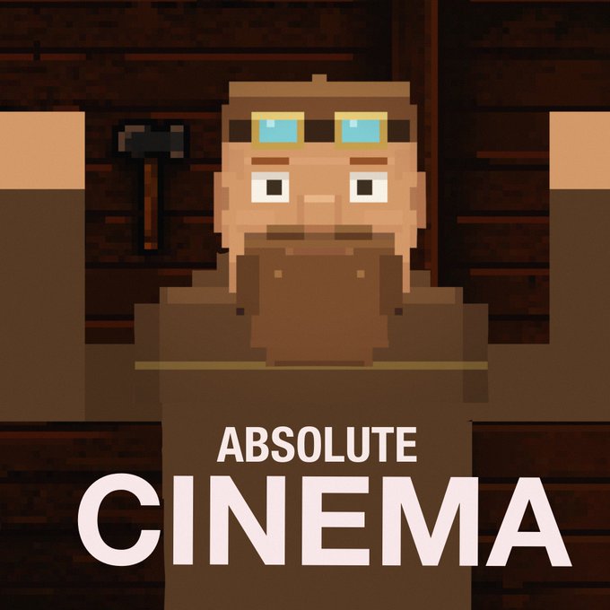 A pixel art illustration shows a bearded miner character with goggles perched on his head, standing at a wooden counter with a hammer on the wall behind him. The bold text "ABSOLUTE CINEMA" is displayed prominently at the bottom, paired with a post celebrating the quick sellout of 1,000 GTD allocations and teasing an upcoming trial opportunity for a mining guild.