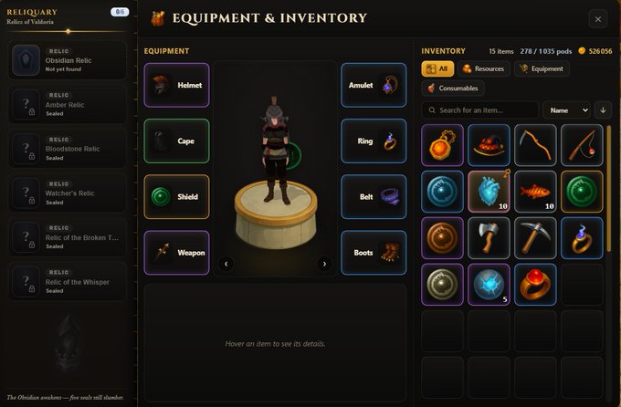 A player reaches level 40 in "Reliquary: Relics of Valoria" on Solana, showing the equipment and inventory screen with 526,056 gold, a cape equipped, and various relics (Obsidian, Amber, Bloodstone, Watcher's, Broken T..., Whisper) all sealed except the Obsidian Relic.